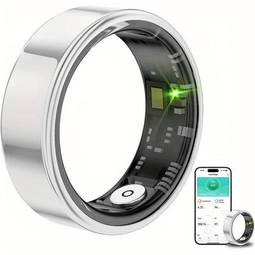 Blessing Smart Ring for men and women, silver, with internal tech display and green light. Tracks fitness and health data.