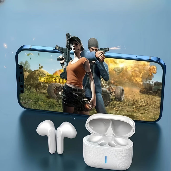 Blessing True Wireless Mini Earbuds, white semi-in-ear design with charging case, ideal for gaming and calls.