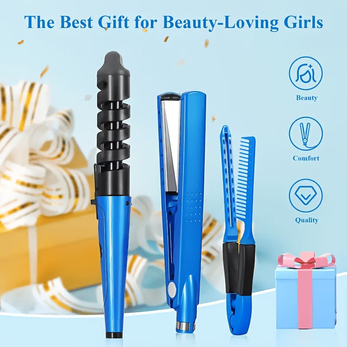 3-in-1 Hair Styling Set: Curling Iron, Straightener & Comb with Anti-Scalding Feature