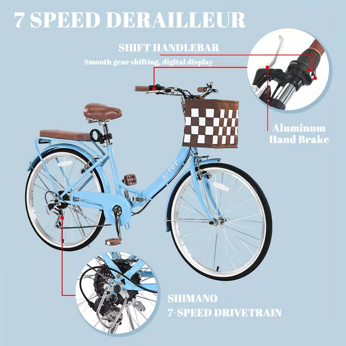 26" Foldable Beach Bike with Basket for Women